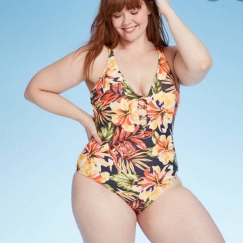 Kona Sol Yellow Hibiscus Tie Front Twist Back One Piece Swimsuit S/M/L NEW